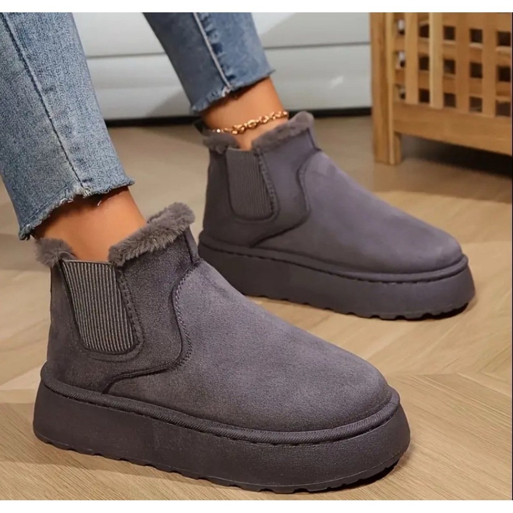Grey Faux Fur Lined Winter Snow Boots Platform Ankle Shoes Womens 6.5 EU 37